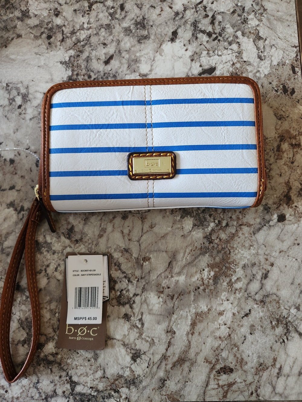 b.o.c. Blue & White Striped Wristlet Wallet with Brown Trim